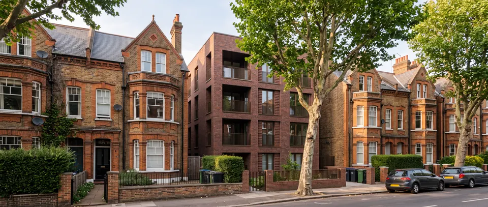 A leafy London street of Edwardian red-brick villas with a new brick apartment building among them