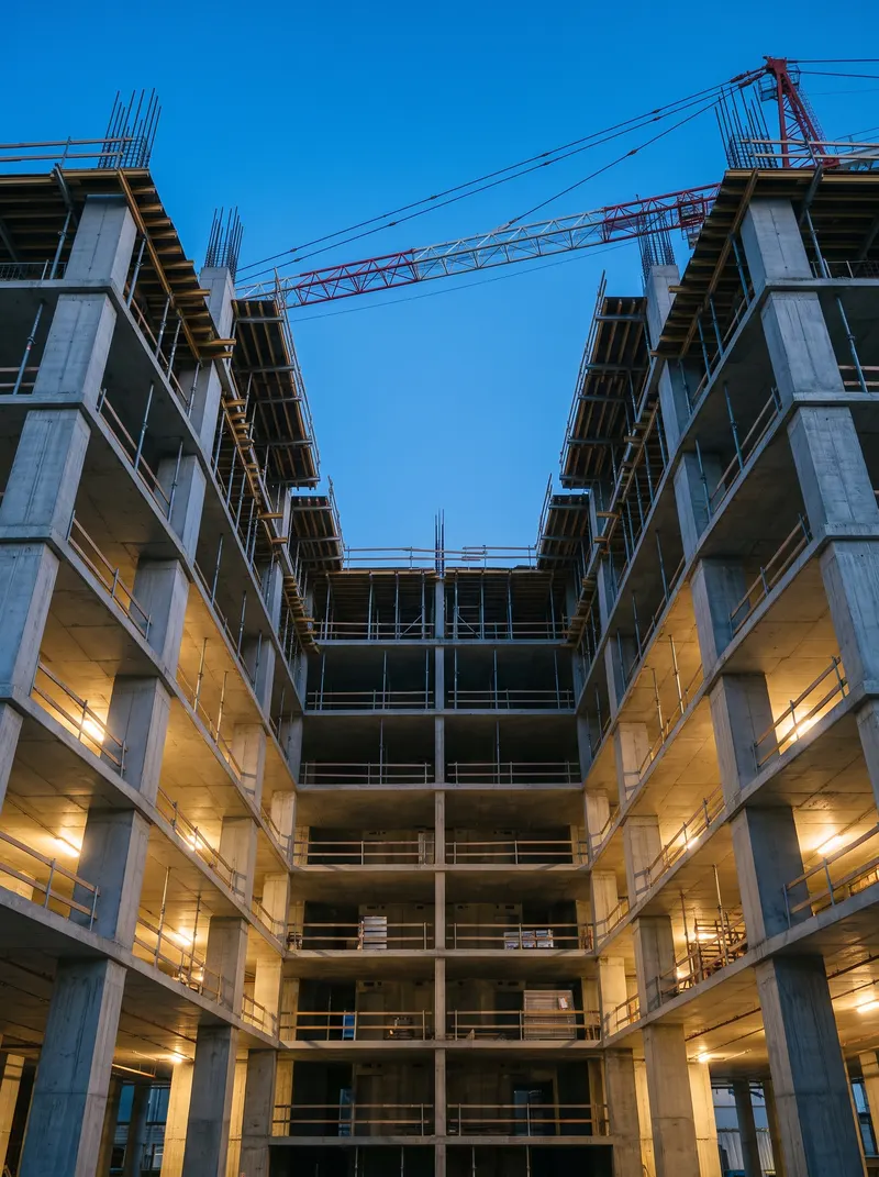 Looking up through a concrete apartment frame under construction at dusk, a crane arm across the sky