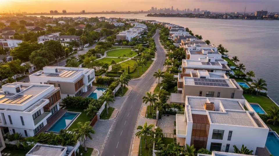 Aerial view of a waterfront residential estate with palm-lined streets at golden hour