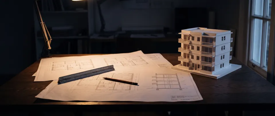 Floor plans, a scale ruler and a white study model of a brick apartment building on a dark oak desk under a warm lamp