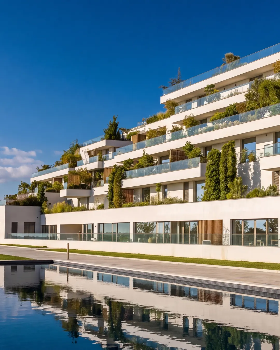 A white terraced apartment building with planted balconies in bright sunshine, mirrored in a still pool
