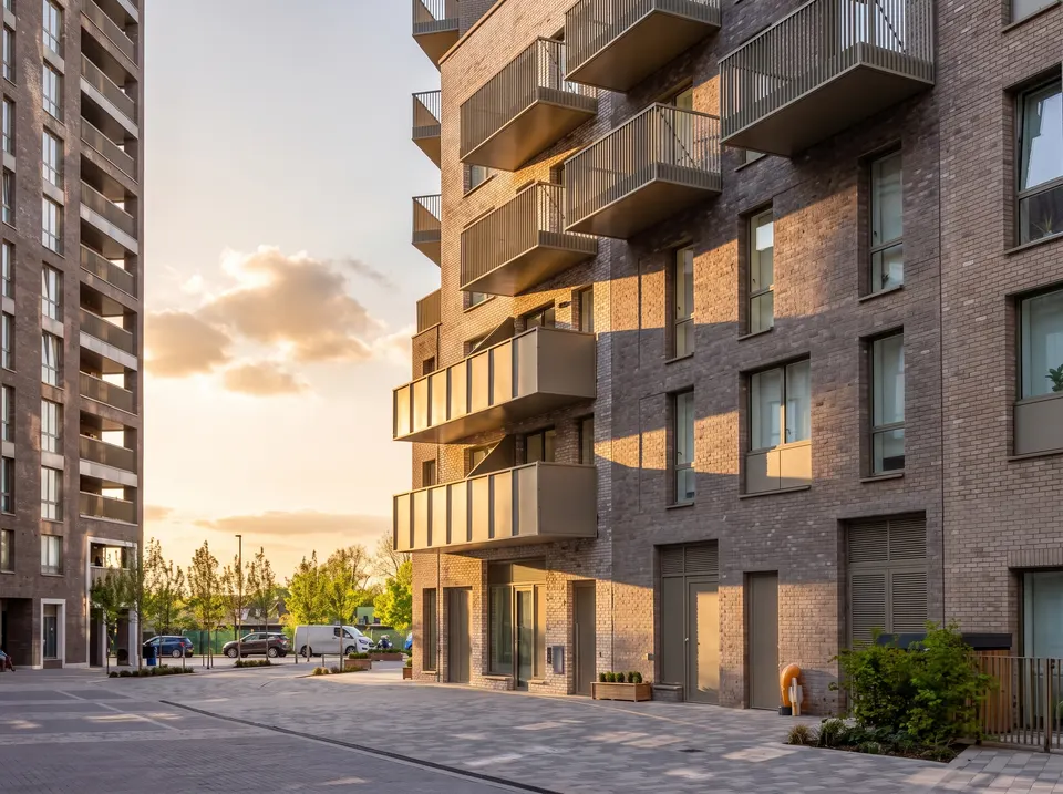 A street of completed Bricks‘N’Mortar homes in London, in golden evening light