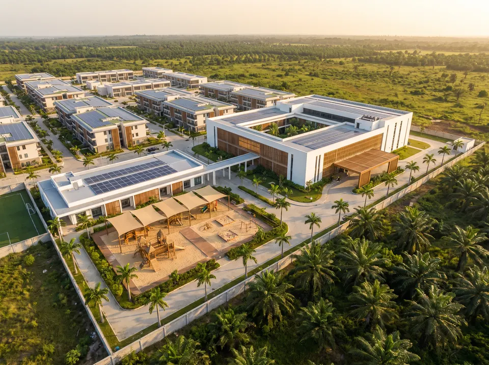 Concept aerial of a two-storey health centre around a garden courtyard, with a crèche wing and a shaded playground
