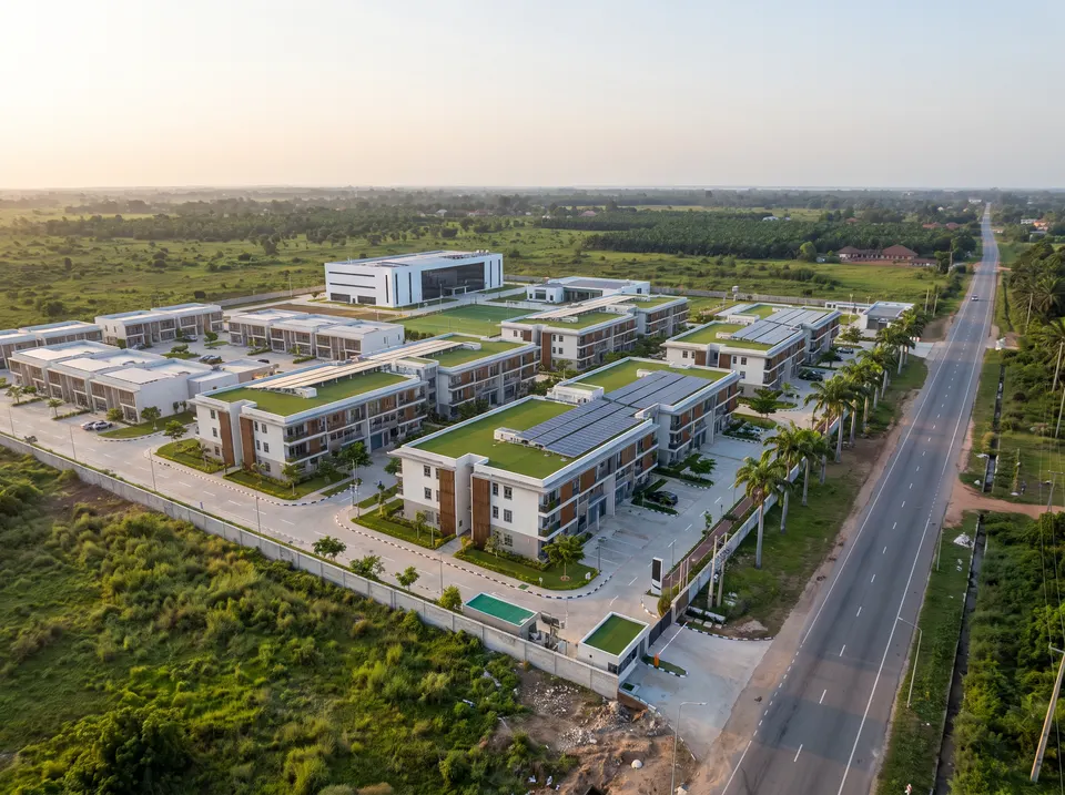 Concept aerial of the estate's gated entrance and paved internal roads beside the main road, with street lights and palms