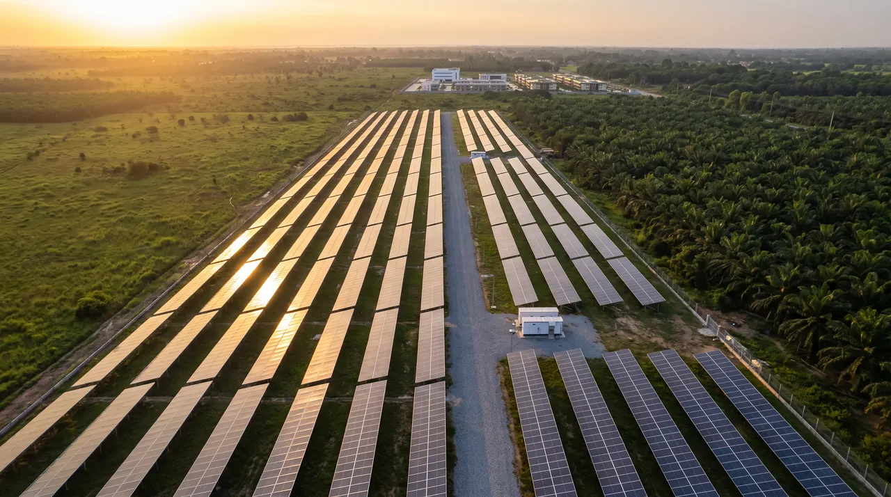 Concept of long rows of solar panels leading to the horizon at golden hour, oil palms alongside