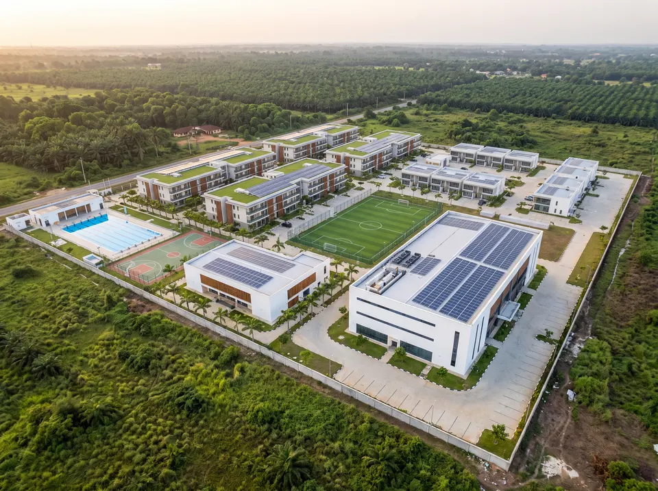 Concept aerial of the sports centre: an outdoor pool, basketball and tennis courts, a football pitch and a pavilion