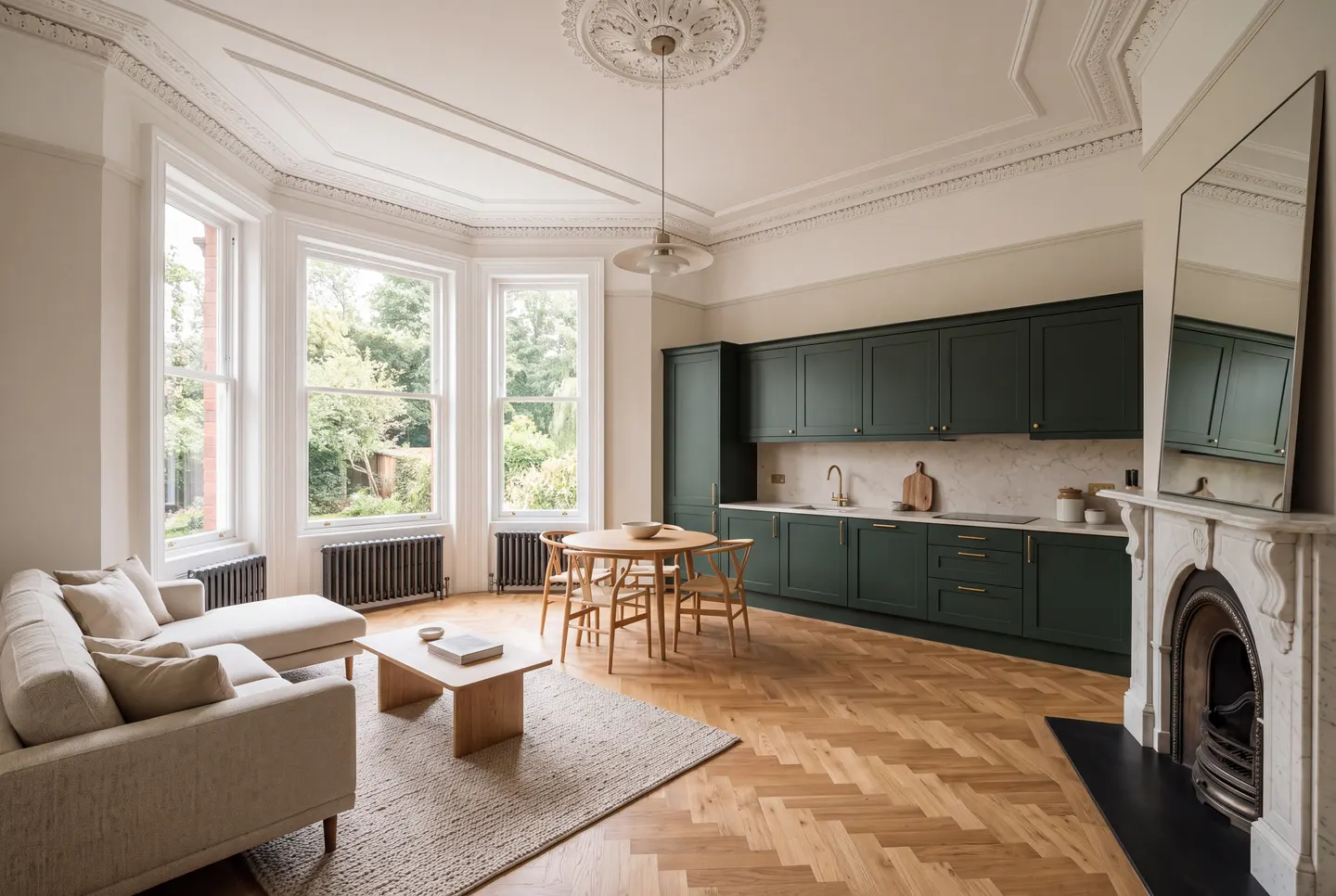 Illustration of a kitchen, living and dining room in an original reception room, with a bay window, cornicing and a herringbone floor