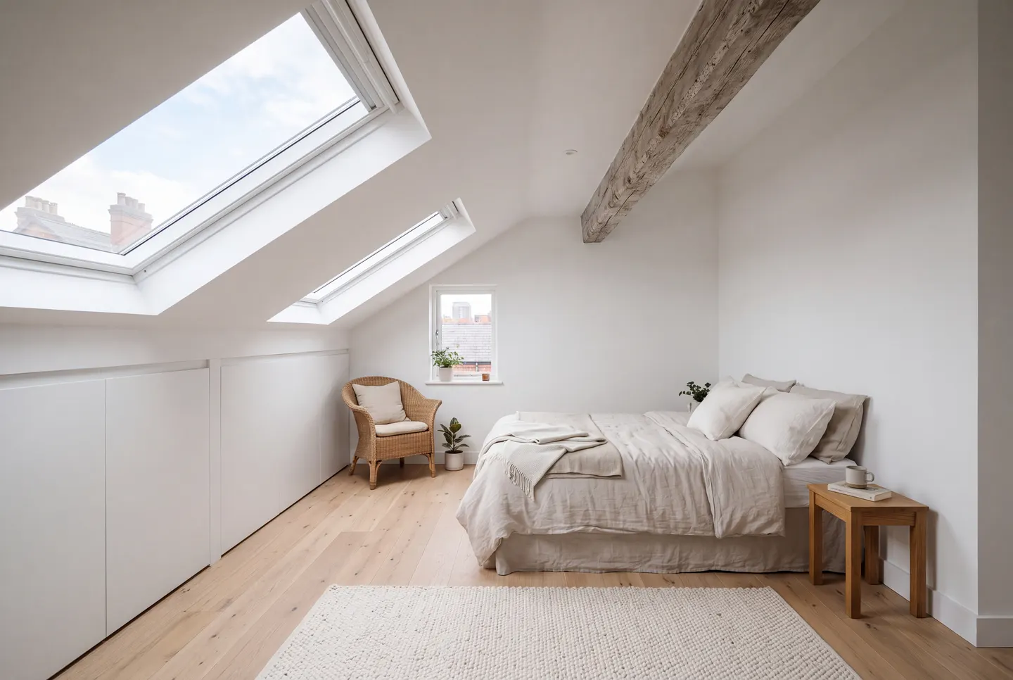 Illustration of a loft bedroom with two rooflights and built-in eaves storage