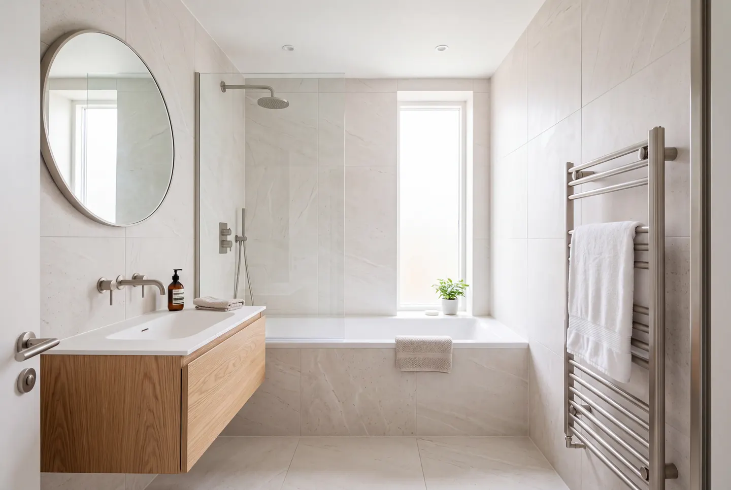 Illustration of a bathroom with stone-effect tiles, a bath with a shower screen and an oak vanity