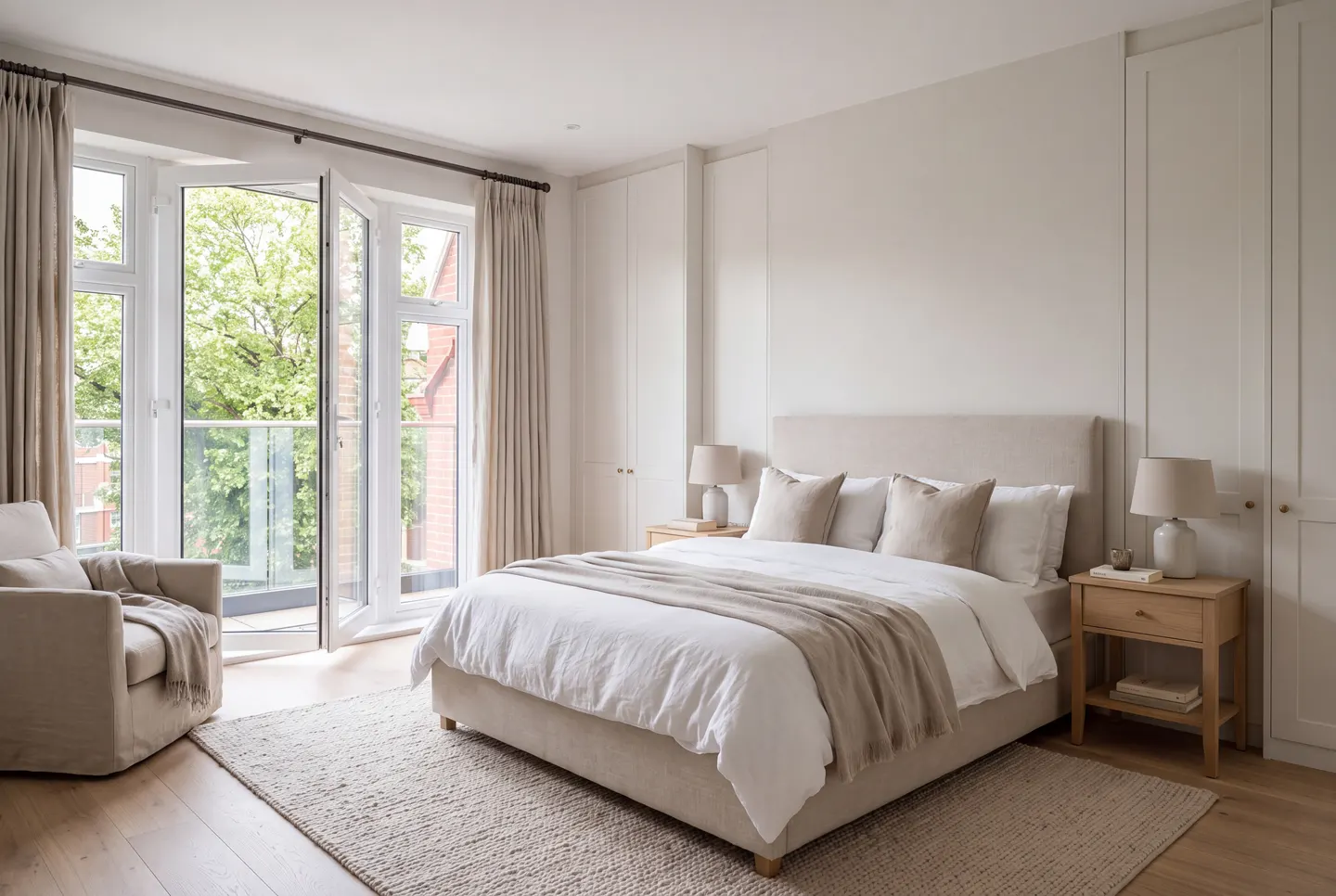 Illustration of a bedroom with French doors to a Juliet balcony and built-in wardrobes