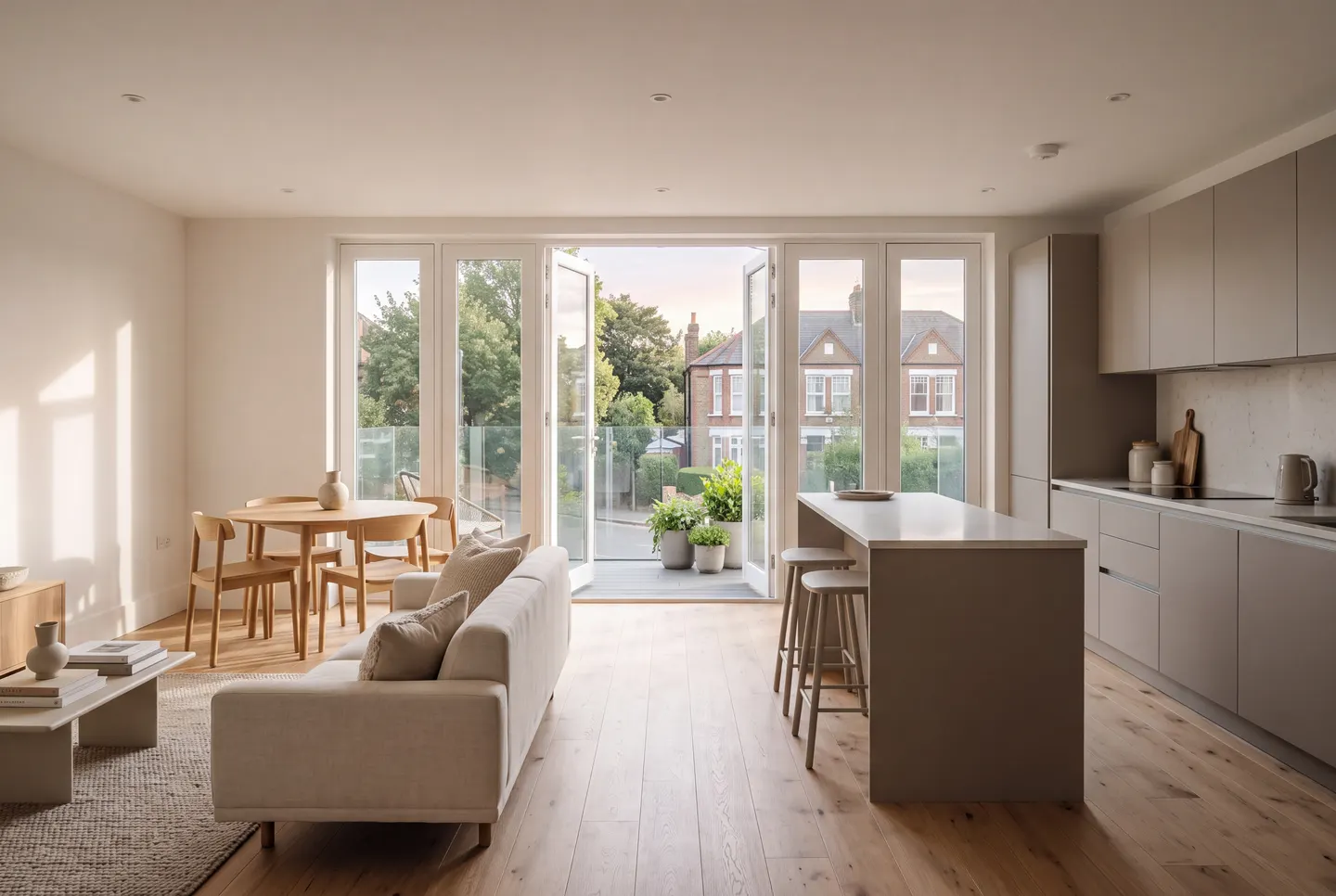 Illustration of an open-plan kitchen, living and dining room with French doors to a glass balcony and an oak floor