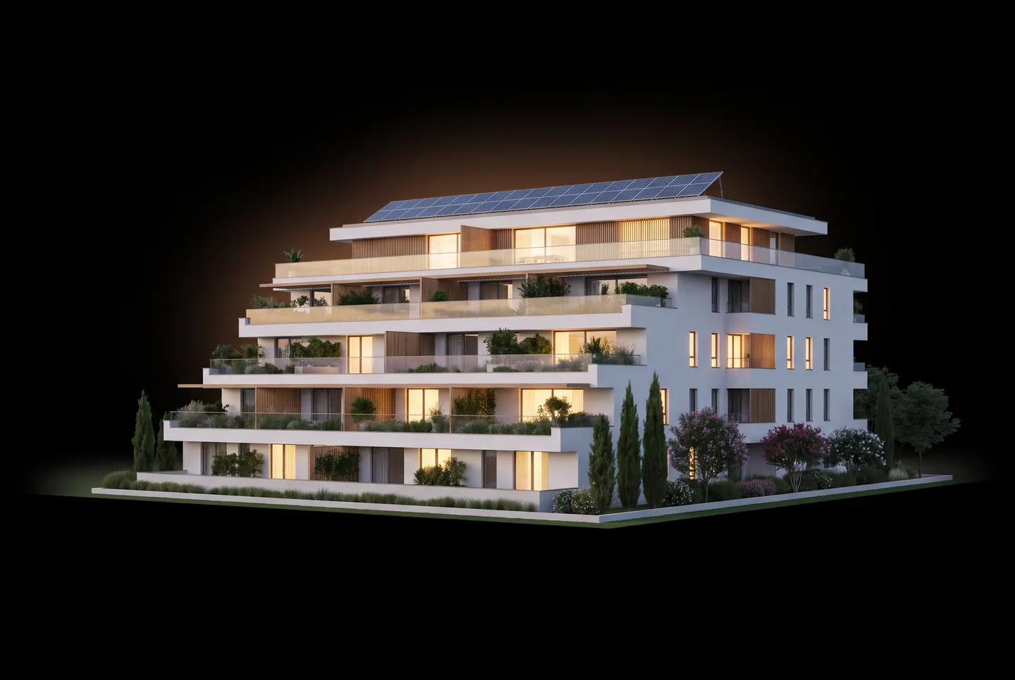 The finished terraced apartment building at dusk, with planted terraces, a solar roof and lit windows
