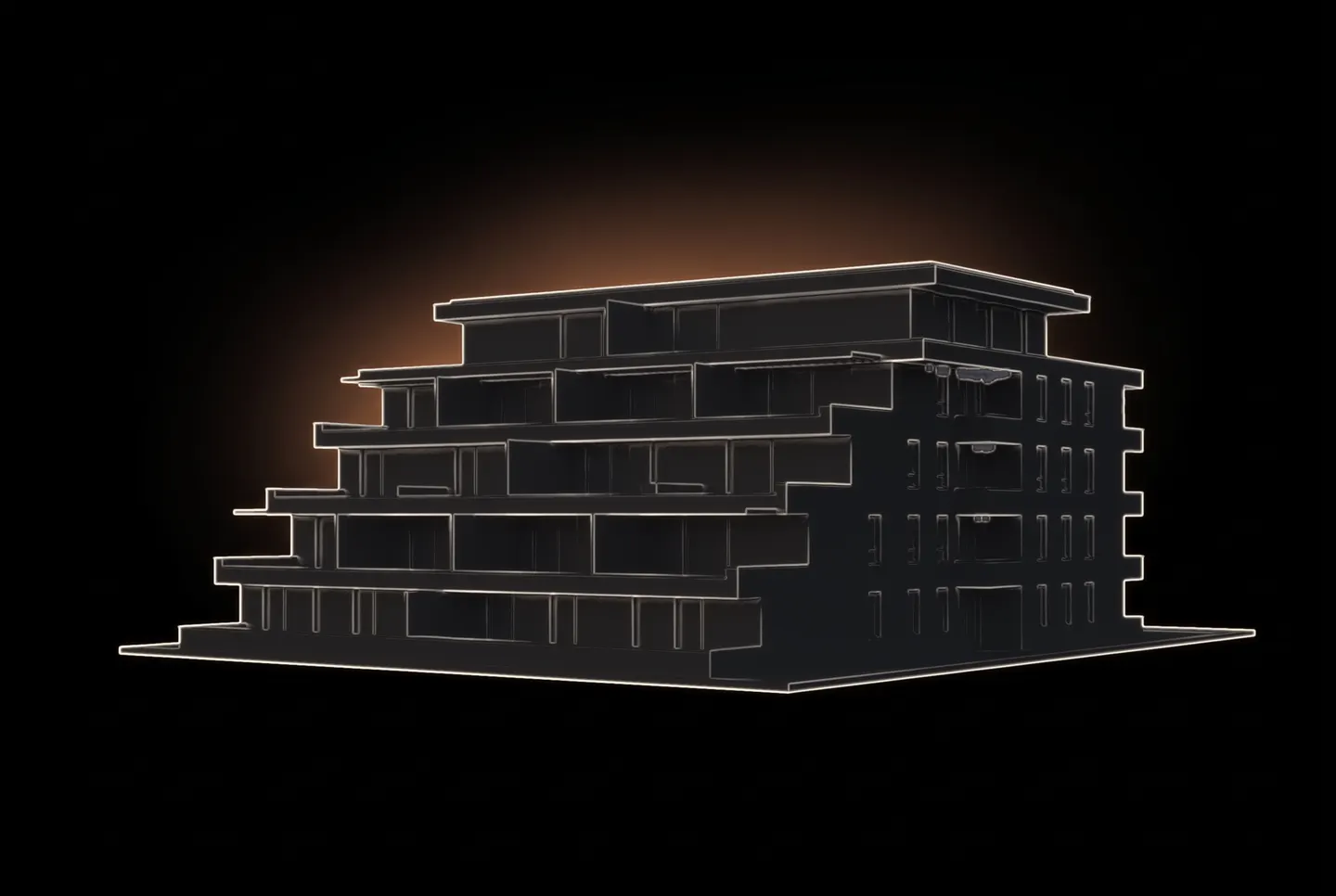 A line drawing of the terraced apartment building on its site: the feasibility study