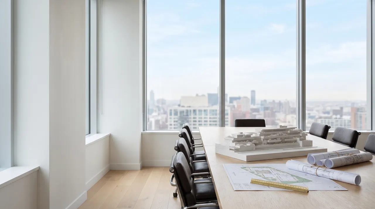 A bright boardroom with a white architectural model of a terraced apartment building, drawings and a scale ruler on an oak table, and a city skyline through floor-to-ceiling windows